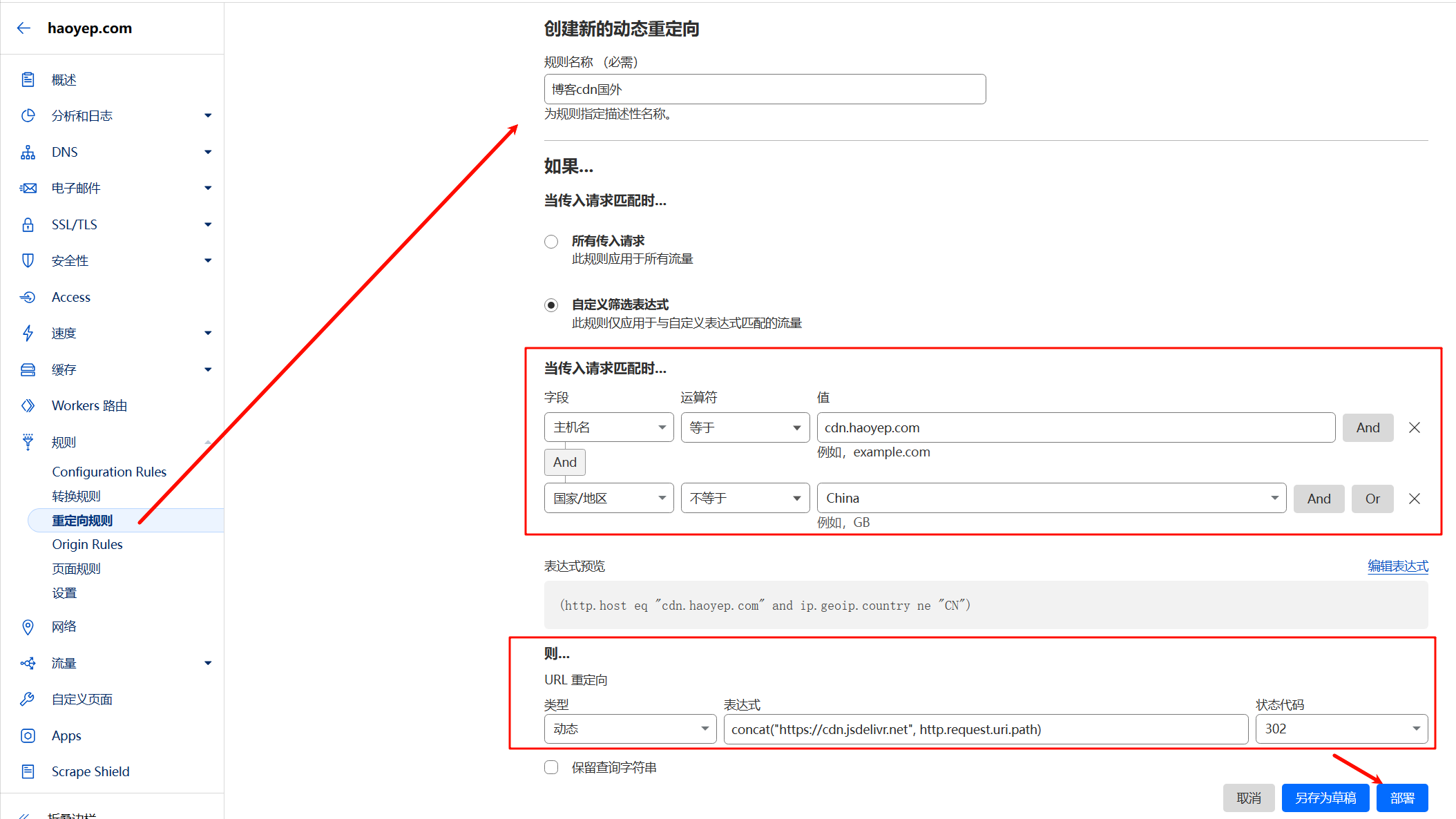 国外重定向规则配置